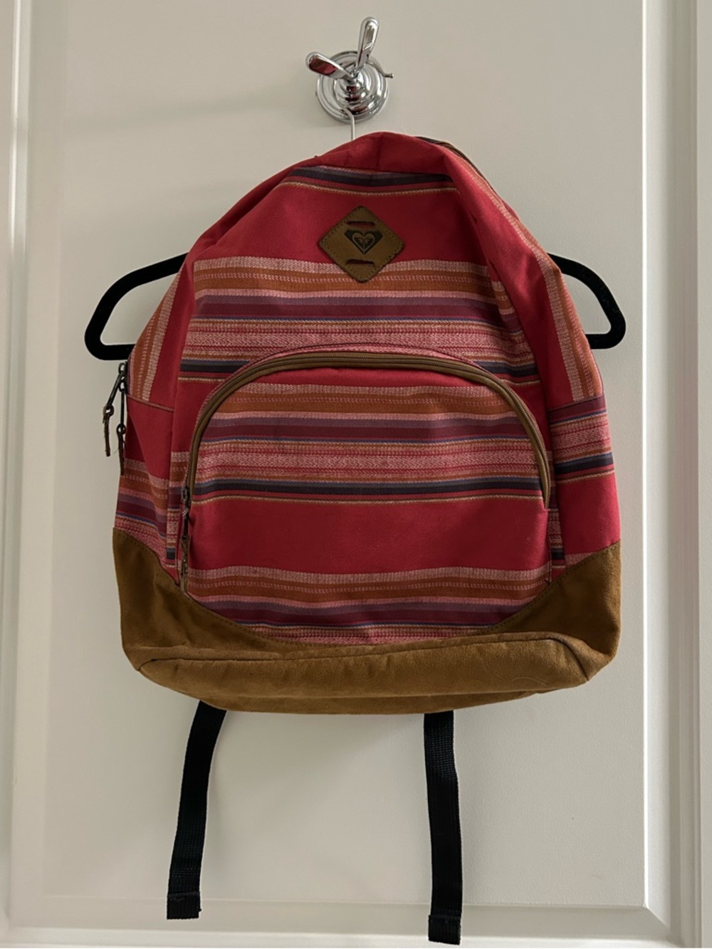 Pink Striped Backpack with Tan Suede Base